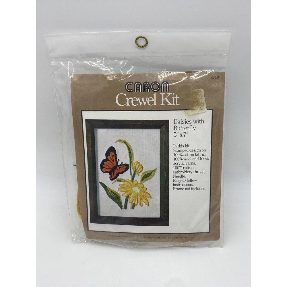 Mid-Century Modern 1977 Caron Crewel Kit,Daisies W/Butterfly, 5X7, New Old Stock